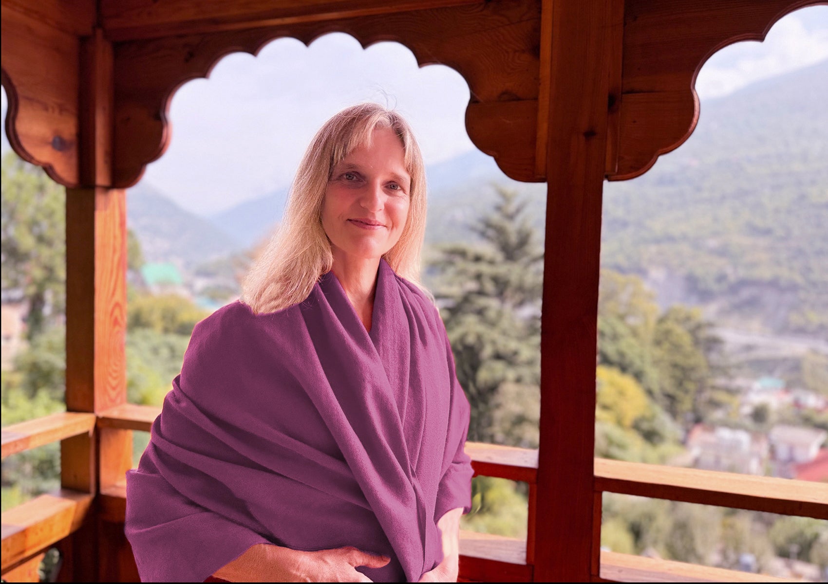 Light purple yoga and meditation wrap draped softly on the shoulders.