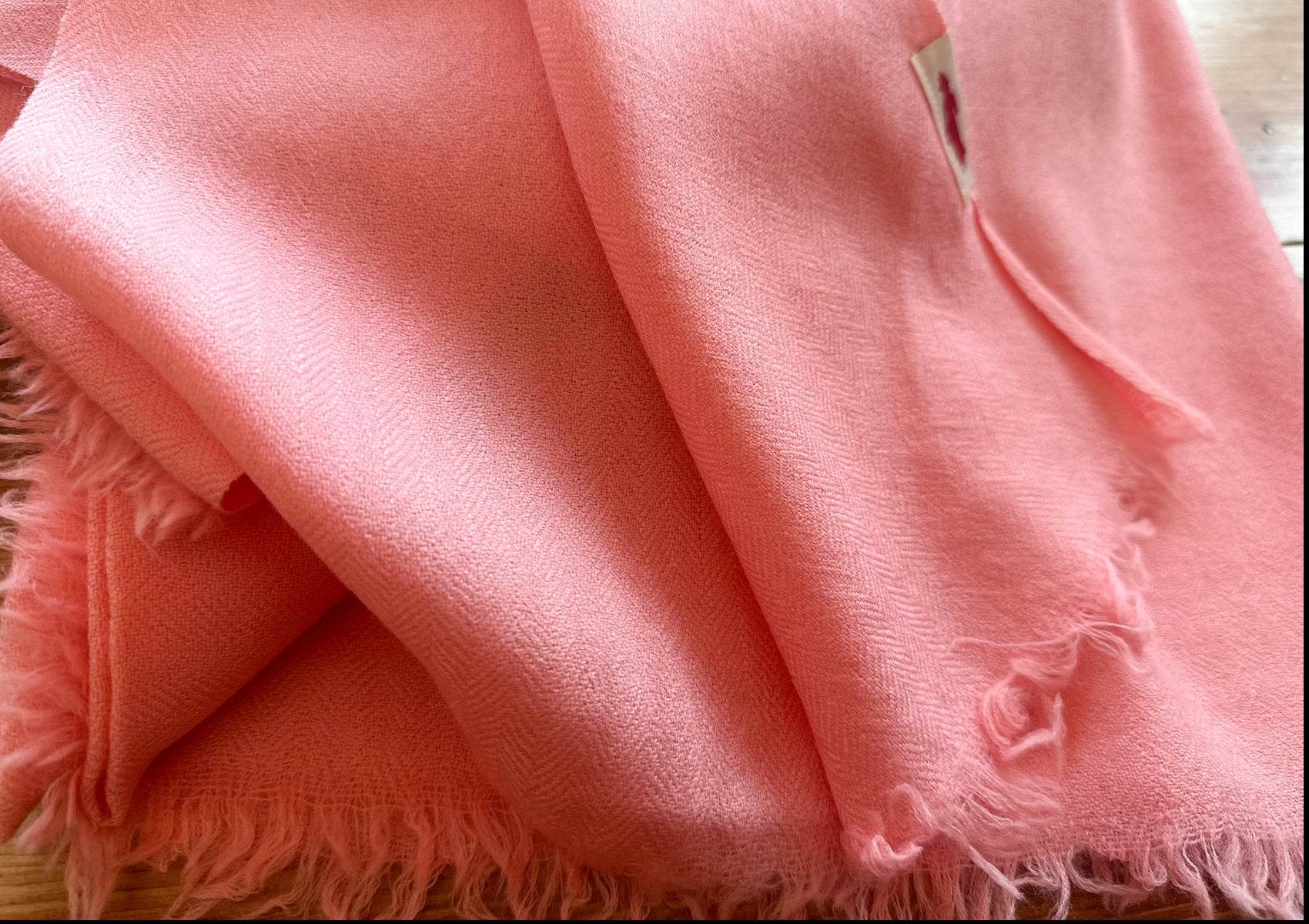 Soft peach wool meditation shawl with delicate fringe edges and fine herringbone weave.
