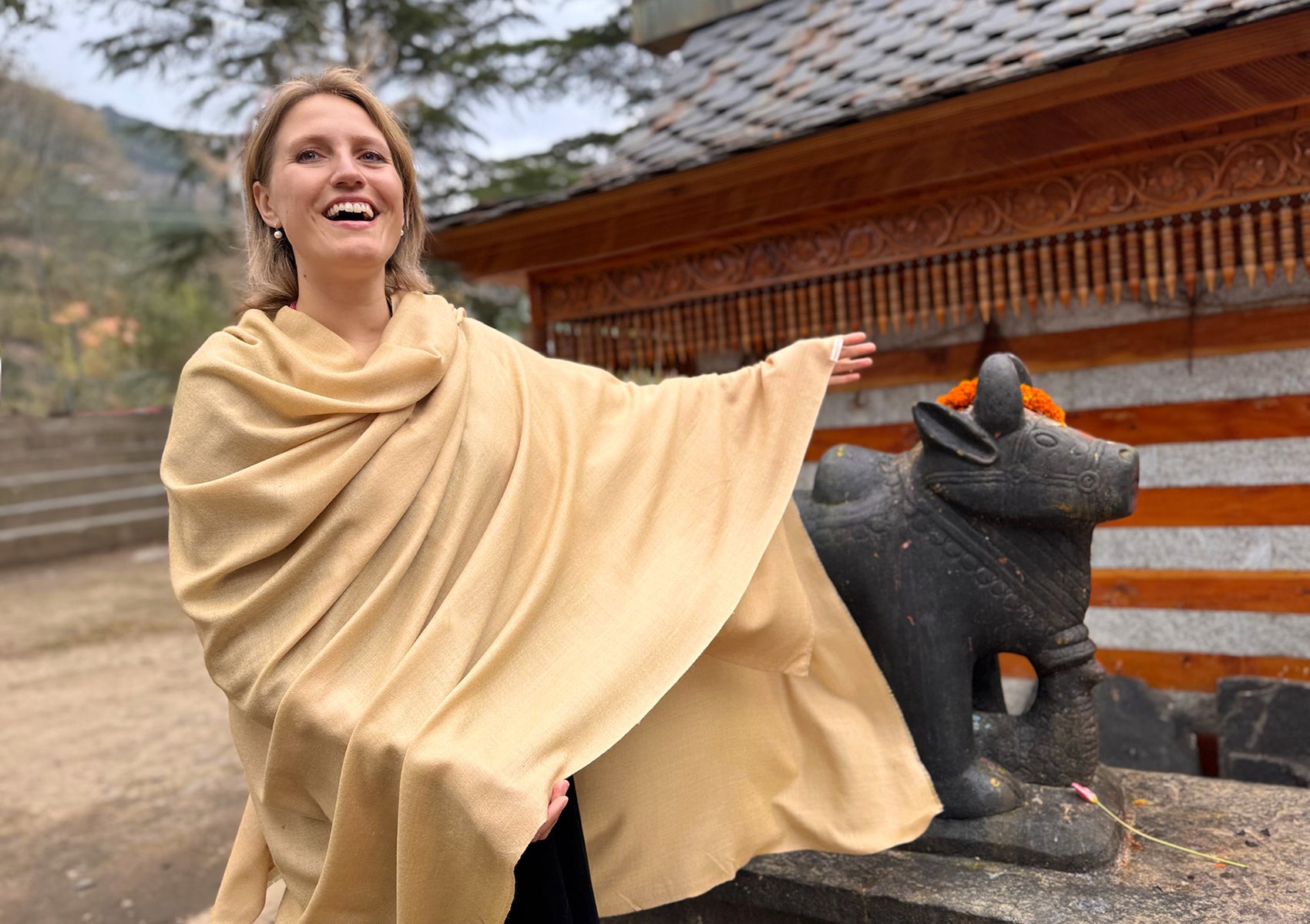 Premium beige merino wool shawl styled naturally for comfort and inner peace