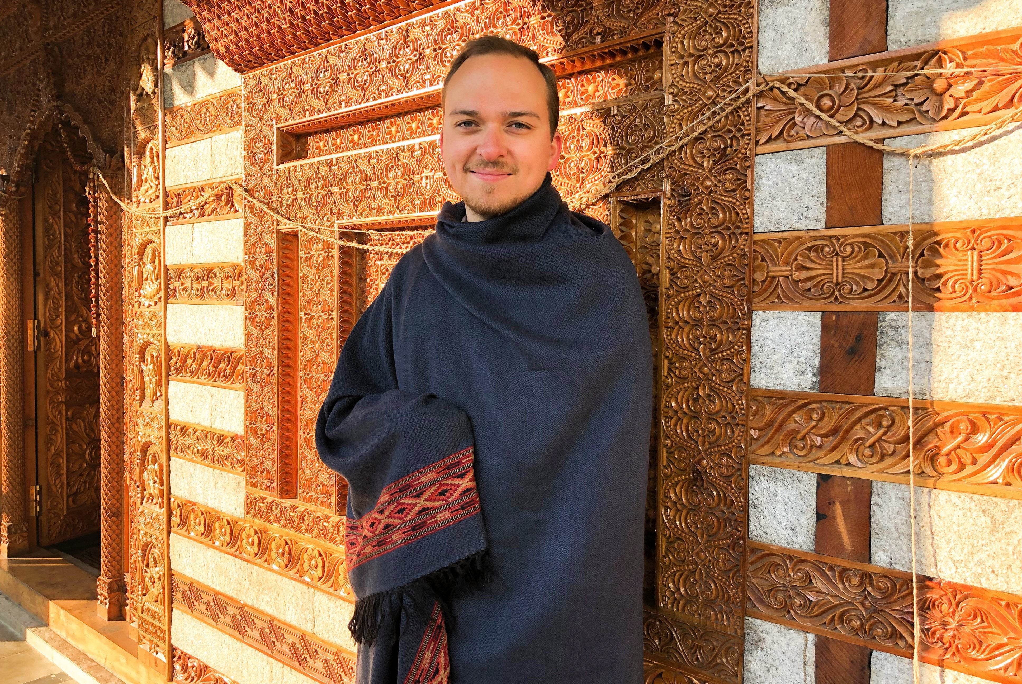 Large meditation shawl in steel blue with intricate border design, DEVA collection, Himalayan craftsmanship