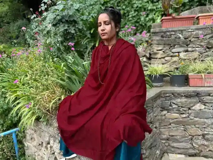 Burgundy Wool & Silk Tibetan Shawl – SHUNYATA - Large Meditation Blanket, Perfect Buddhist Shawl