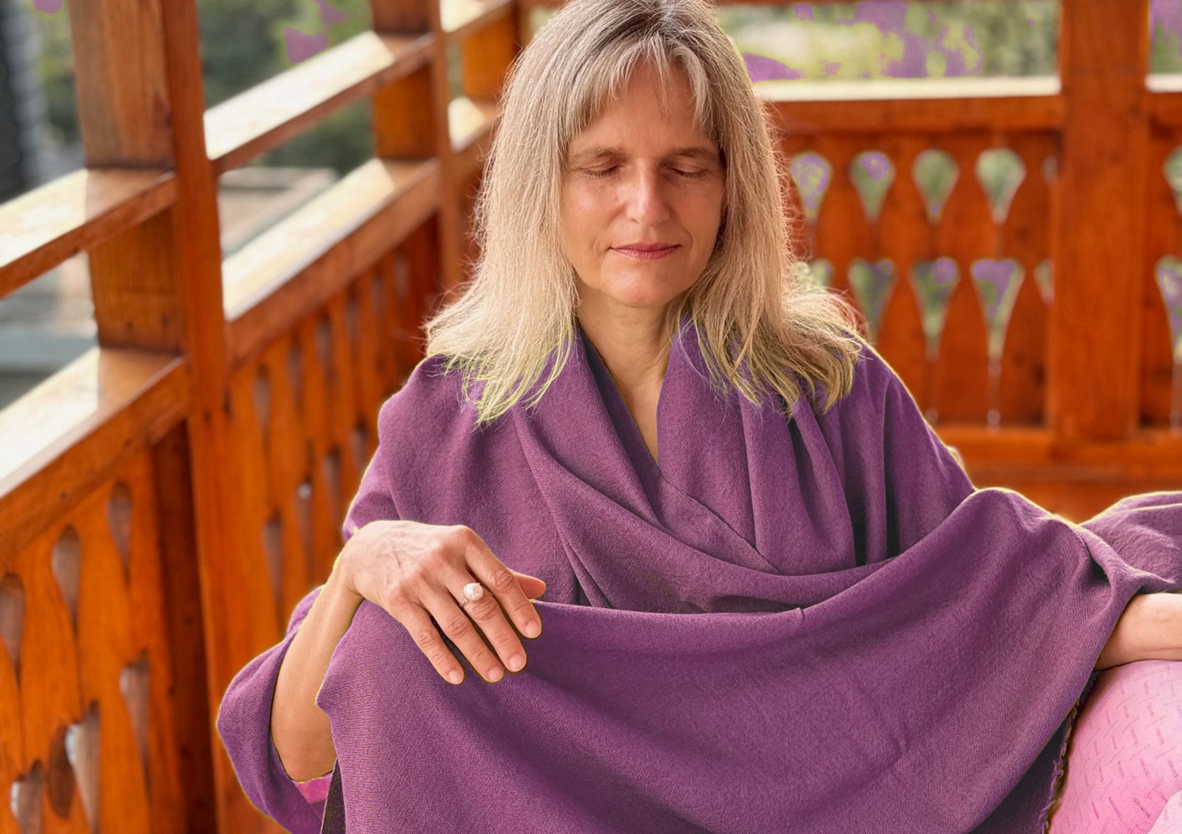 lady wearing-lama-light-purple-large-meditation-shawl