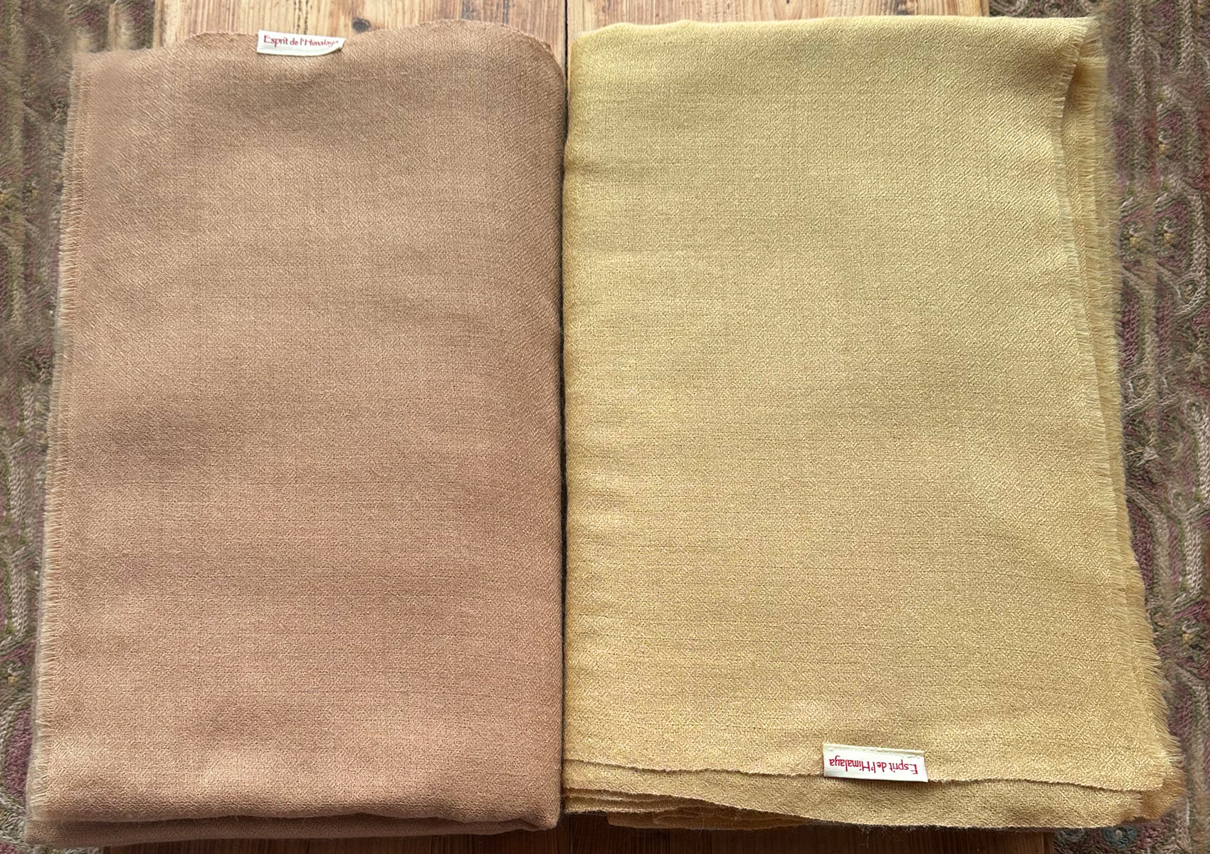 5. Side-by-side comparison of Shunyata cool beige and warm beige meditation shawls.