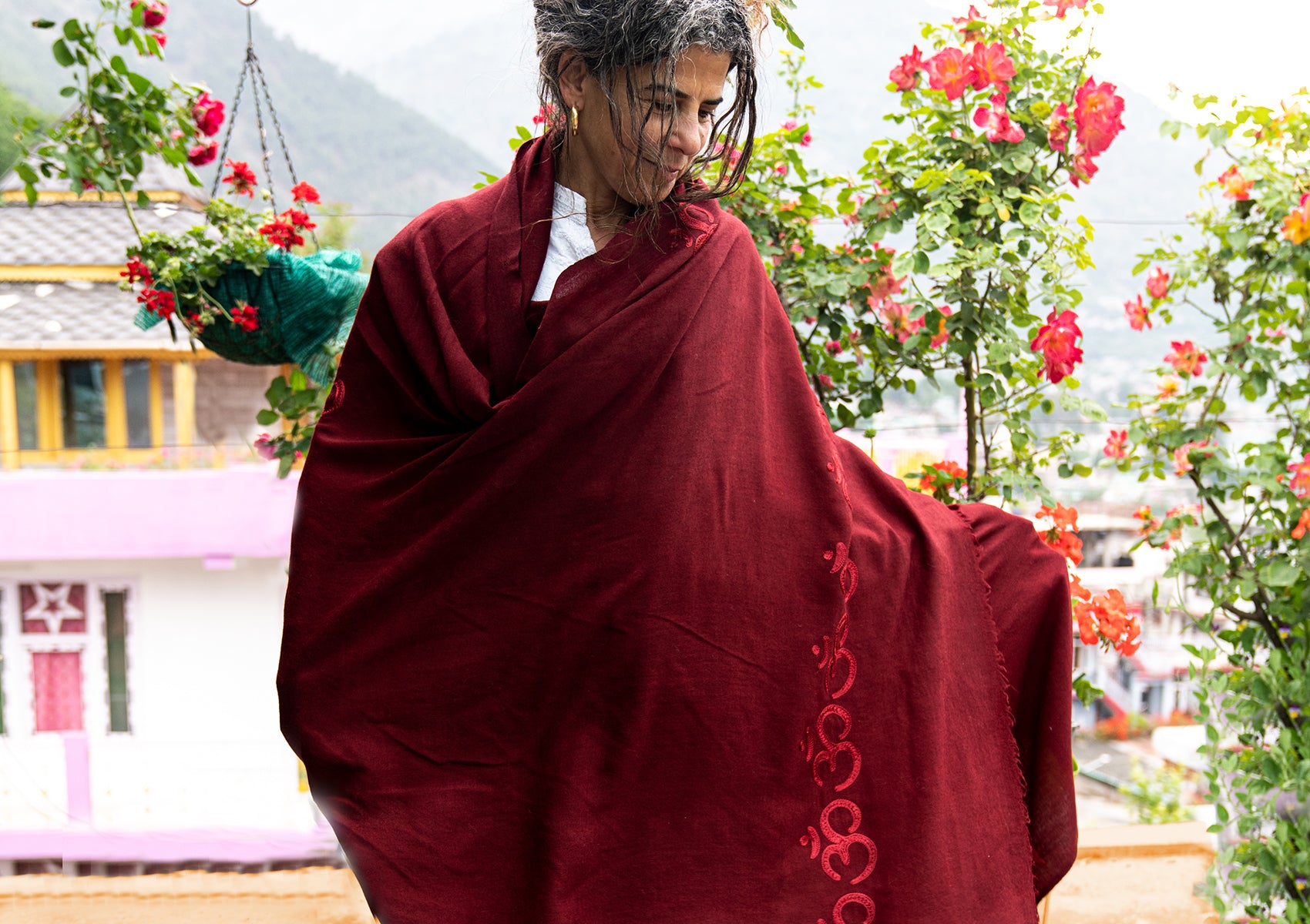 SHIV OM - Burgundy Merino Wool Meditation Shawl