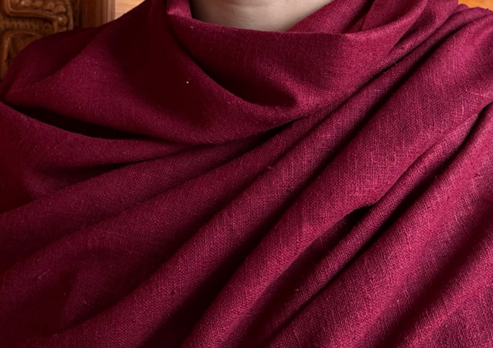 Luxurious handwoven silk shawl in deep burgundy, ideal for meditation or yoga practice