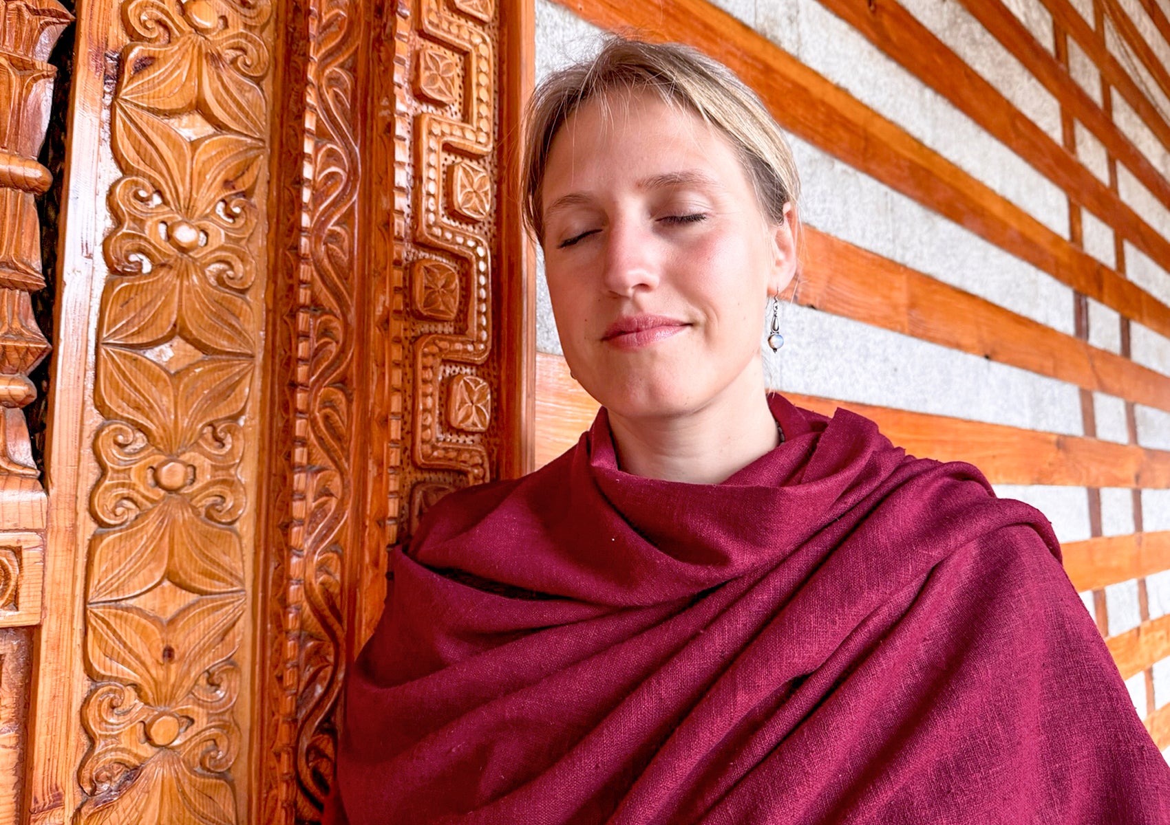 Handloom burgundy silk meditation blanket, extra large and lightweight