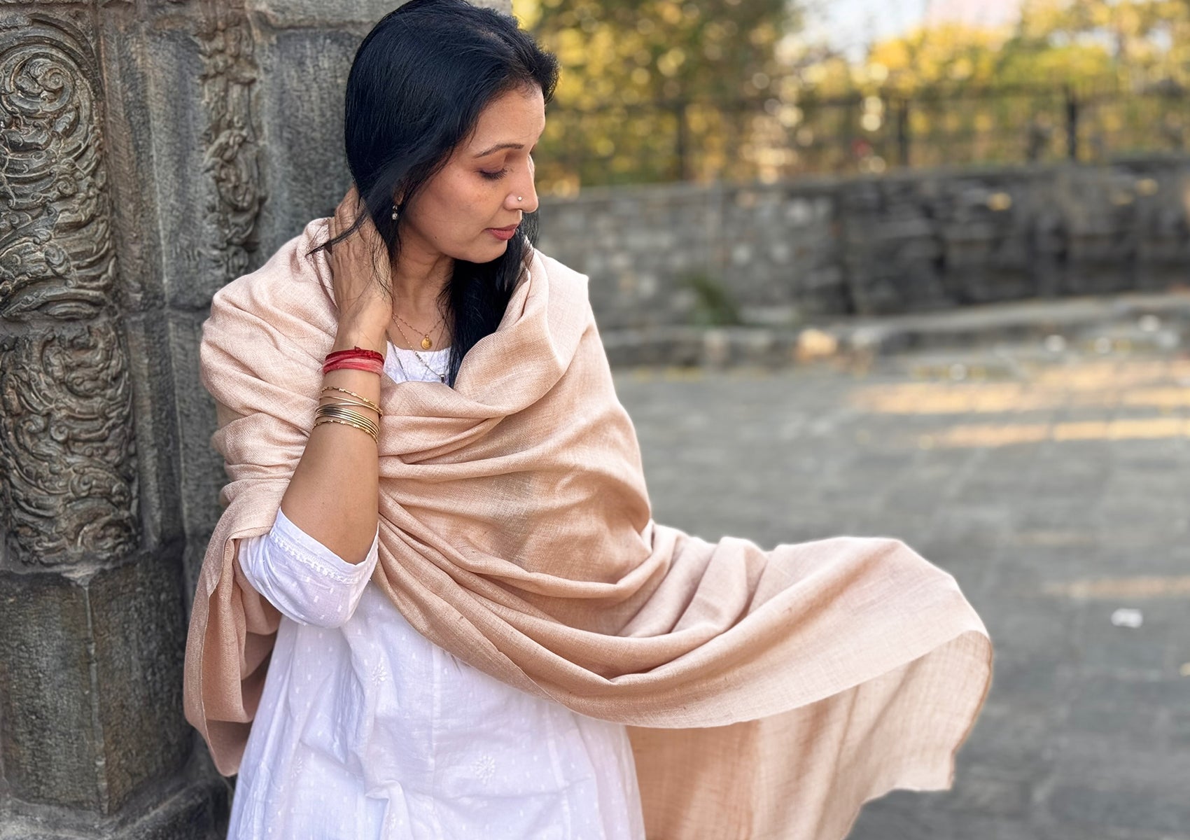 SHYAM -  Grand châle pashmina tissé à la main pour homme - Beige Clair